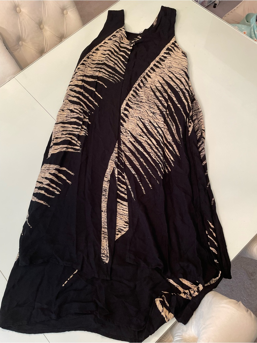 Sleeveless Black Midi Dress with Beige Abstract Print